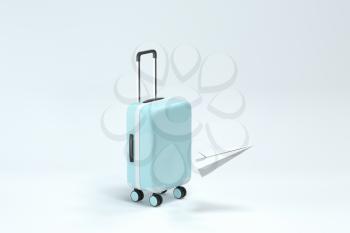 Luggage and paper airplane with white background, 3d rendering. Computer digital drawing.