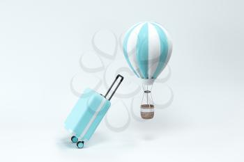 Luggage and hot air balloon with white background, 3d rendering. Computer digital drawing.