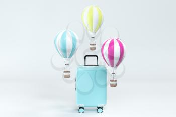 Luggage and hot air balloon with white background, 3d rendering. Computer digital drawing.