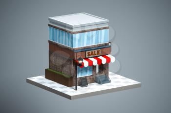 Cartoon store, modern shop building, 3d rendering. Computer digital drawing.