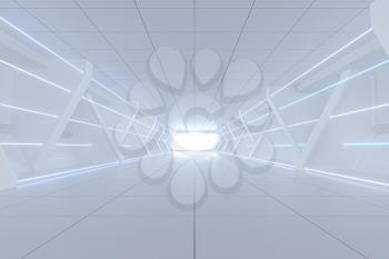 White tunnel with light in the end, 3d rendering. Computer digital drawing.