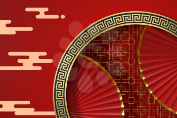 Red Chinese style fan, traditional decoration, 3d rendering. Computer digital drawing.