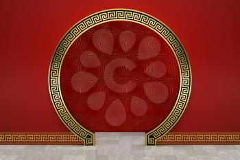 Chinese style red background, festival decoration, 3d rendering. Computer digital drawing.