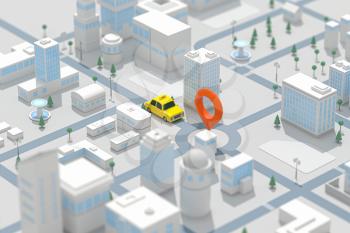 Mini-city with a taxi, transportation background, 3d rendering. Computer digital drawing.
