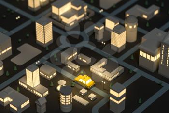 Mini-city with glowing lights, a taxi driving on the street, 3d rendering. Computer digital drawing.