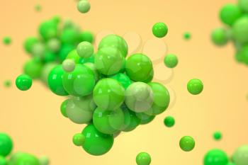 Green balls gather together with yellow background, 3d rendering. Computer digital drawing.