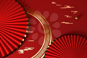 Red Chinese style fan, traditional decoration, 3d rendering. Computer digital drawing.
