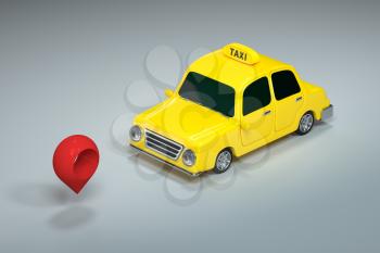 Mini 3D taxi, mini car with yellow color, 3d rendering. Computer digital drawing.
