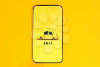 Mini 3D taxi, mini car with a mobile phone, 3d rendering. Computer digital drawing.