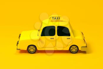 Mini 3D taxi, mini car with yellow color, 3d rendering. Computer digital drawing.