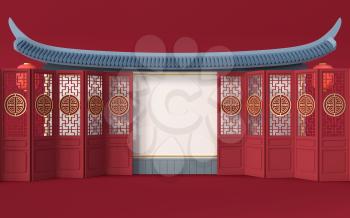 Empty signboard wall, Chinese retro style, 3d rendering. Computer digital drawing.