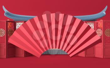 Fold fan with Chinese classical background, 3d rendering. Computer digital drawing.