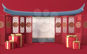 Empty marketing stage with Chinese style background, 3d rendering. Computer digital drawing.