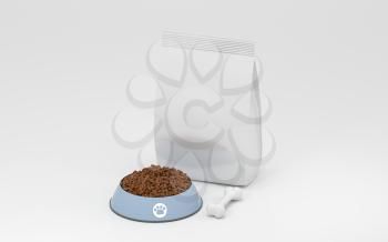 Pet food and empty branding food bag, 3d rendering. Computer digital drawing.