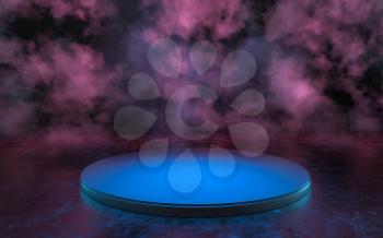 Empty round stage with glowing neon lines in the dark basement, 3d rendering. Computer digital drawing.