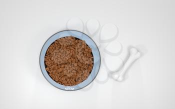 Pet food and bone, pet nutrition diet, 3d rendering. Computer digital drawing.