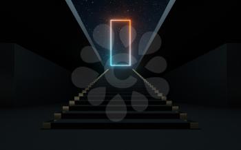 Large steps with glowing neon lines, 3d rendering. Computer digital drawing.