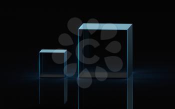 Empty glass showcase with dark background, 3d rendering. Computer digital drawing.
