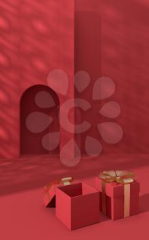 Creative empty background with gift boxes, 3d rendering. Computer digital drawing.