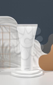 Blank cosmetic bottle with paper card background, 3d rendering. Computer digital drawing.