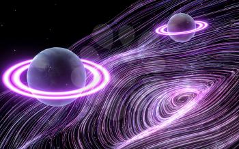 Planets with purple curve vortex lines, 3d rendering. Computer digital drawing.