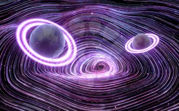 Planets with purple curve vortex lines, 3d rendering. Computer digital drawing.