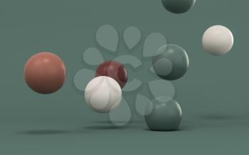 Bouncing soft balls with green background, 3d rendering. Computer digital drawing.