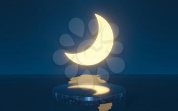 The new moon with reflection on the water, 3d rendering. Computer digital drawing.