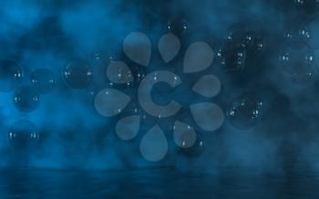 Bubbles float with fog background, 3d rendering. Computer digital drawing.