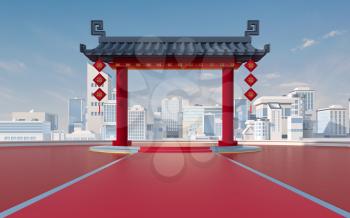 Chinese gate with white urban model, translating: ‘blessing’ , 3d rendering. Computer digital drawing.