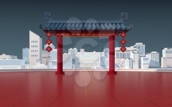 Chinese gate with white urban model, translating: ‘blessing’ , 3d rendering. Computer digital drawing.