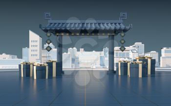 Chinese gate with white model town, translate blessing, 3d rendering. Computer digital drawing.
