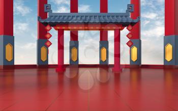 Chinese gate with pillars, translating: ‘blessing’, 3d rendering. Computer digital drawing.