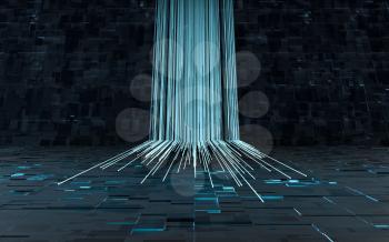 Glowing lines and cubes with black background, 3d rendering. Computer digital drawing.