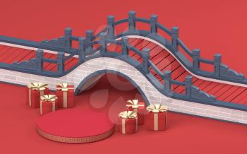 Chinese style bridge with red background, 3d rendering, Computer digital drawing,