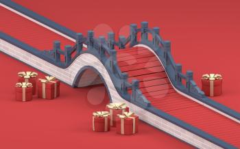 Chinese style bridge with red background, 3d rendering, Computer digital drawing,
