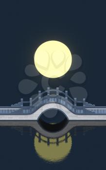 Chinese style bridge with full moon background, 3d rendering. Computer digital drawing,