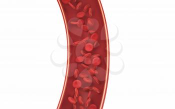 Red blood cells in the blood vessel, 3d rendering. Computer digital drawing.
