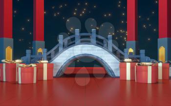 Chinese style bridge with starry stars background, 3d rendering. Computer digital drawing.