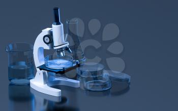Glassware and microscope in the laboratory, 3d rendering. Computer digital drawing.