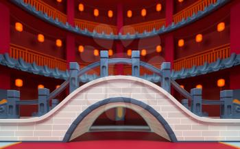 Chinese style bridge with red indoor background, 3d rendering. Computer digital drawing,
