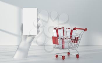 Shopping cart and phone with white background, 3d rendering. Computer digital drawing.