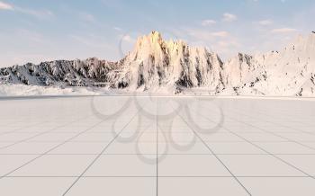 Snowy mountains with empty floor background, 3d rendering. Computer digital drawing.