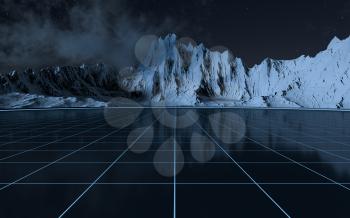 Snowy mountains with empty floor background, 3d rendering. Computer digital drawing.
