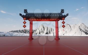 Chinese gate with snow mountains background, translating blessing, 3d rendering. Computer digital drawing.