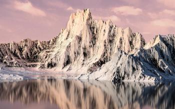 Snowy mountains with sunset background, 3d rendering. Computer digital drawing.