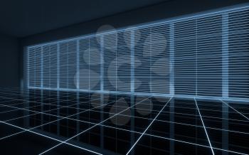 Neon lines in the black empty room, 3d rendering. Computer digital drawing.