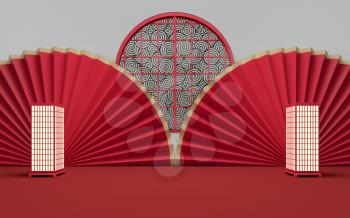 Empty room with red background, 3d rendering. Computer digital drawing.