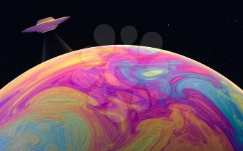 Colorful planet with black background, 3d rendering. Computer digital drawing.