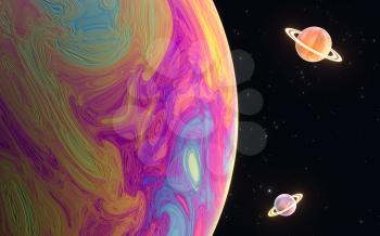 Colorful planet with black background, 3d rendering. Computer digital drawing.